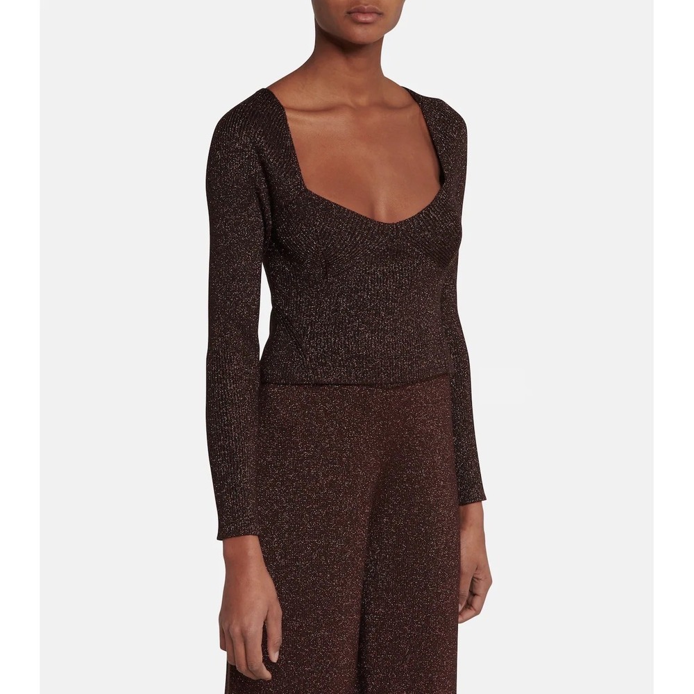 Staud Cerro Top Brown Metallic Sweater Size‎ Small Corset Sexy Fitted Chic Knit